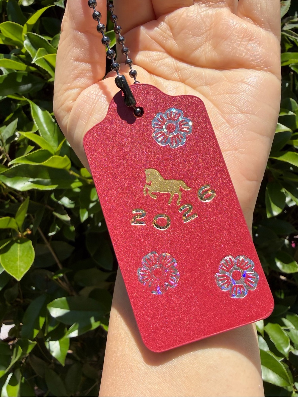 New Coach Large Red Leather Hangtag with Horse & Tea Rose Floral Print